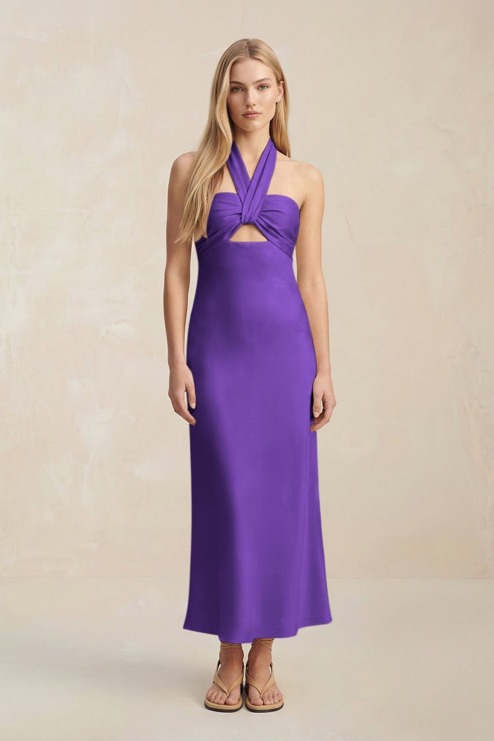 Halter Keyhole Sheath Midi Bridesmaid Dress in Amethyst