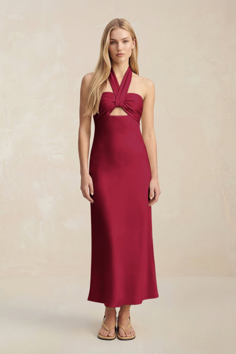 Halter Keyhole Sheath Midi Bridesmaid Dress in Berry