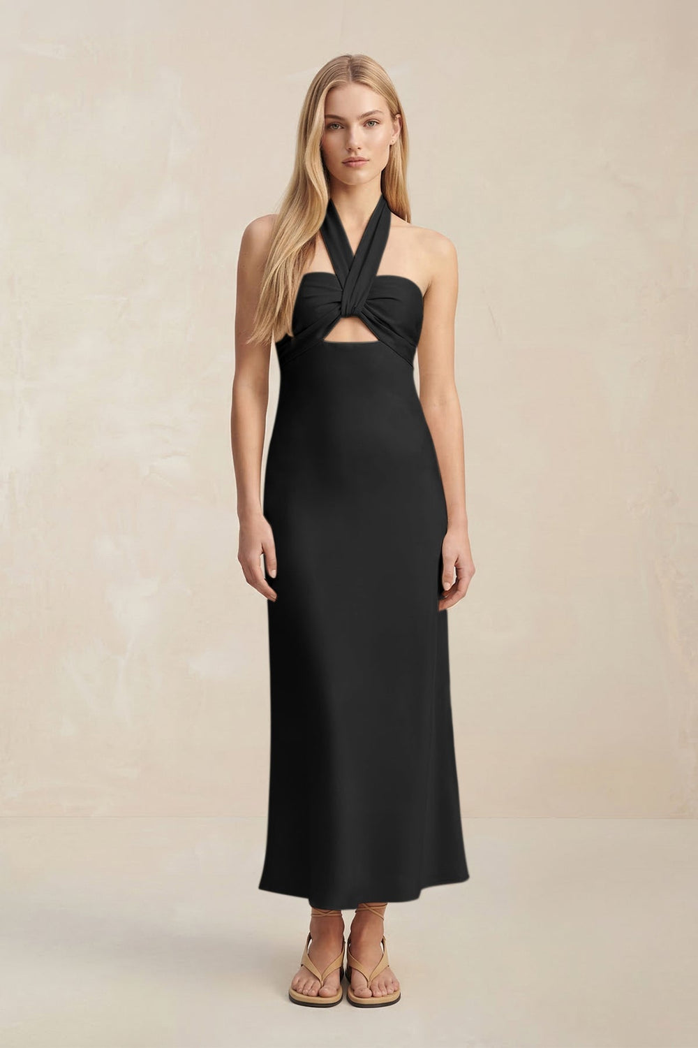 Halter Keyhole Sheath Midi Bridesmaid Dress in Black