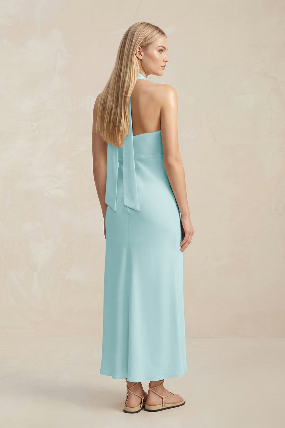 Halter Keyhole Sheath Midi Bridesmaid Dress in Bleached Aqua