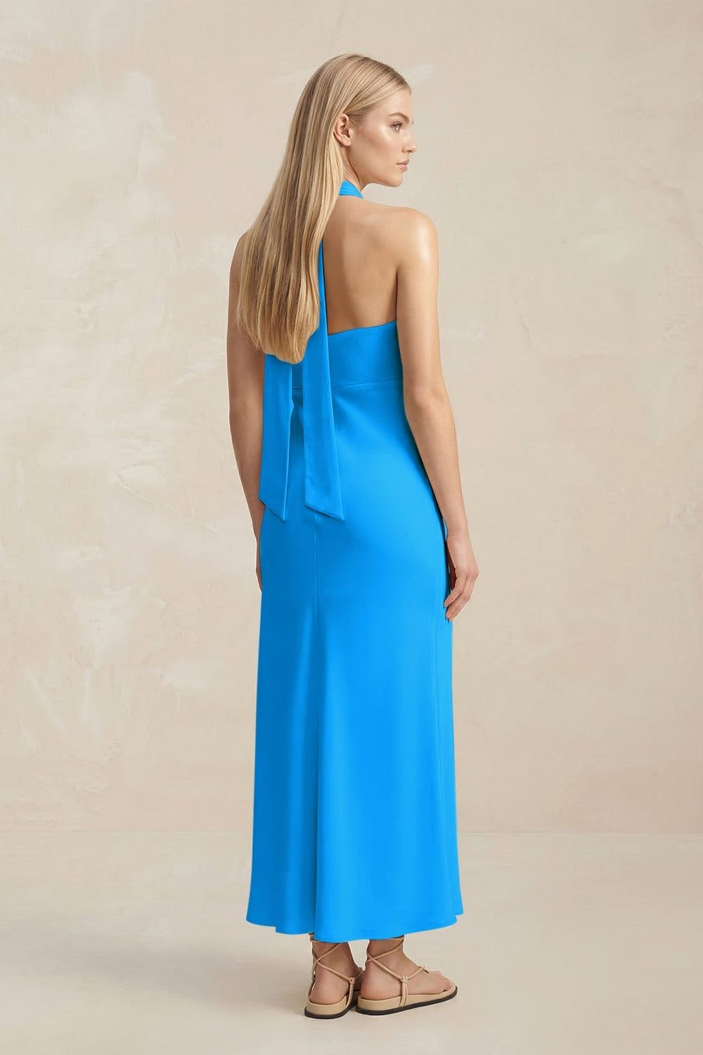Halter Keyhole Sheath Midi Bridesmaid Dress in Blue Jay