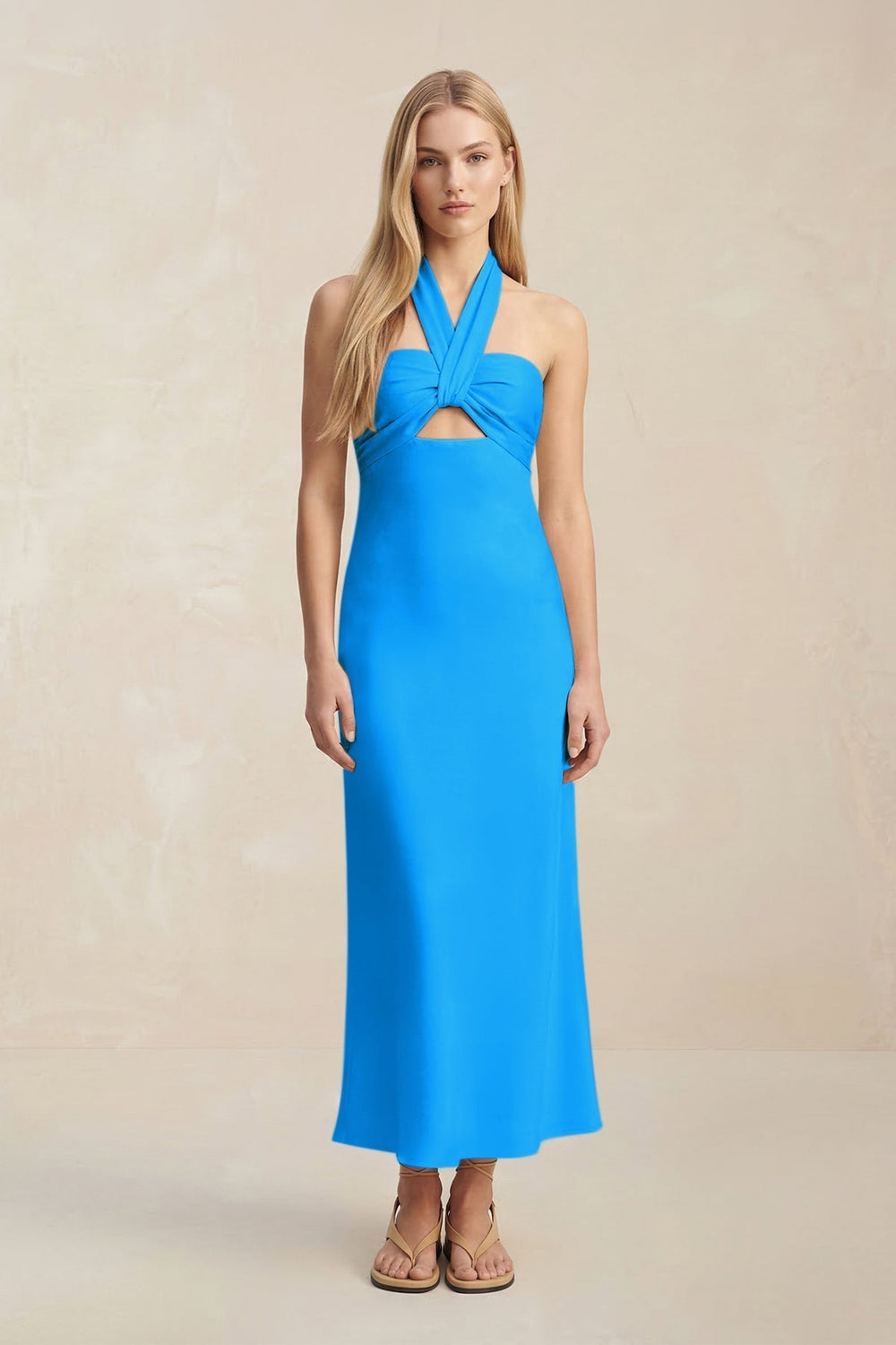 Halter Keyhole Sheath Midi Bridesmaid Dress in Blue Jay