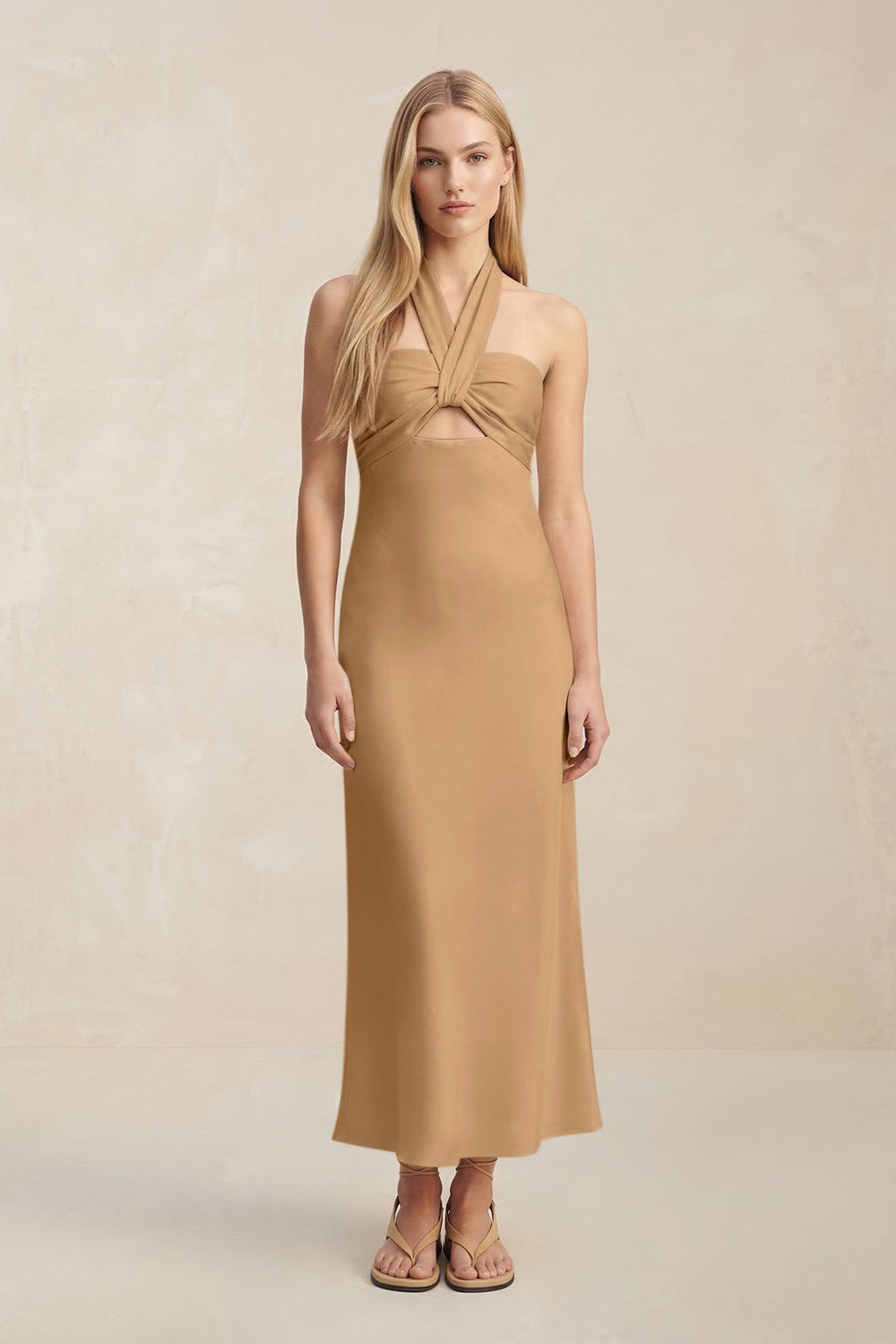Halter Keyhole Sheath Midi Bridesmaid Dress in Bronzer