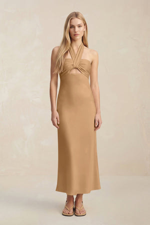 Halter Keyhole Sheath Midi Bridesmaid Dress in Bronzer - KISS BRIDAL Bridesmaid Dresses