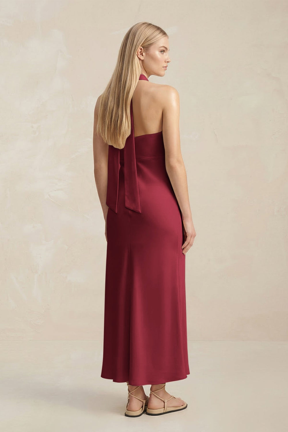 Halter Keyhole Sheath Midi Bridesmaid Dress in Burgundy