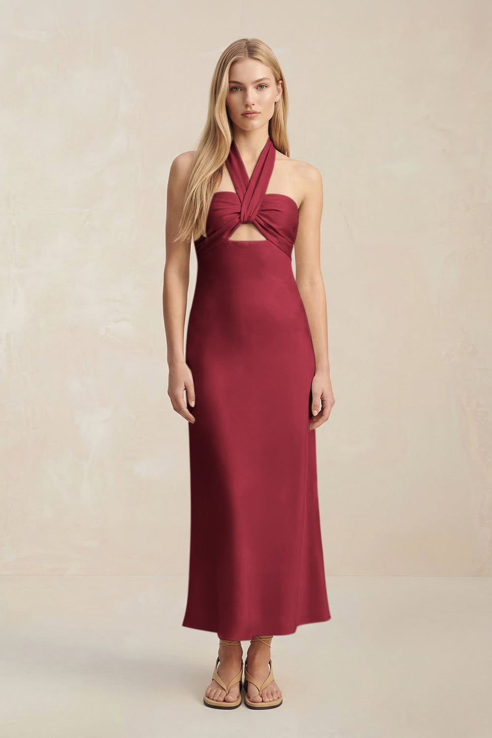 Halter Keyhole Sheath Midi Bridesmaid Dress in Burgundy