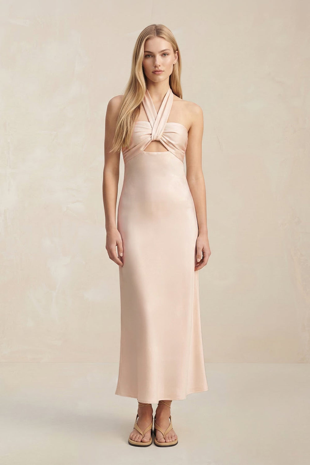 Halter Keyhole Sheath Midi Bridesmaid Dress in Buttercream