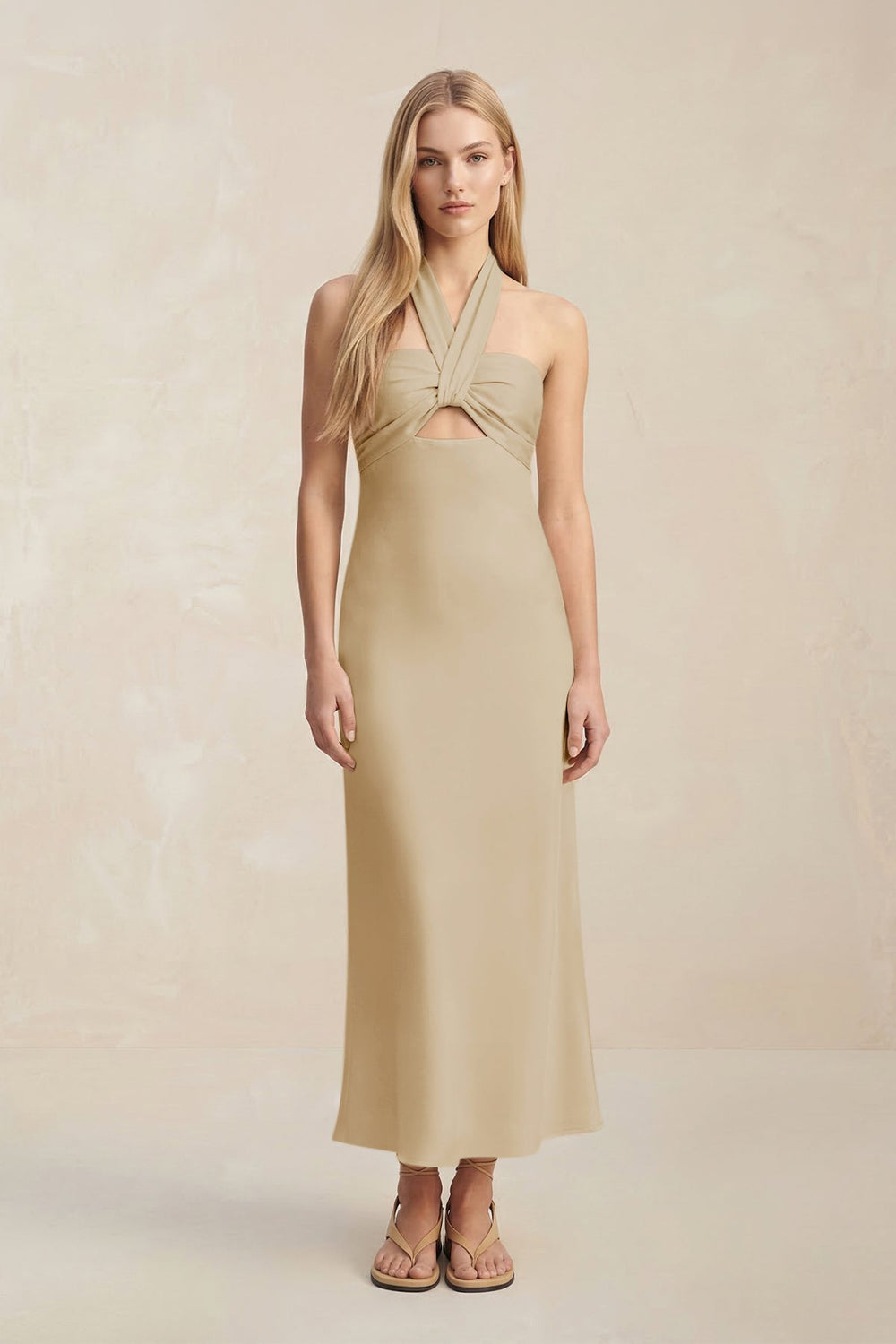 Halter Keyhole Sheath Midi Bridesmaid Dress in Champagne