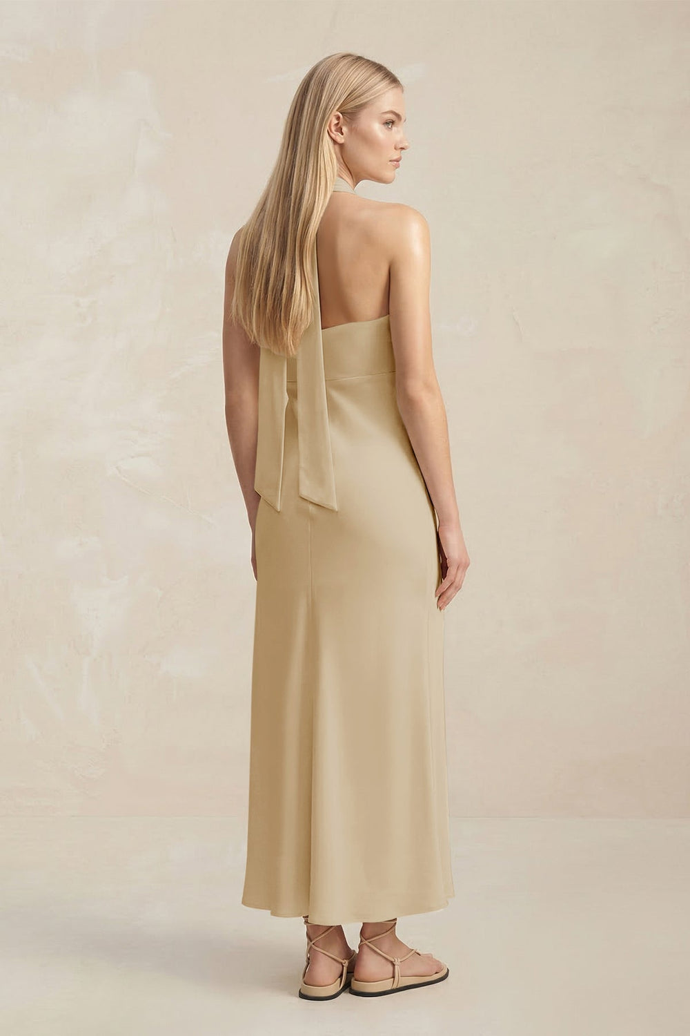 Halter Keyhole Sheath Midi Bridesmaid Dress in Champagne