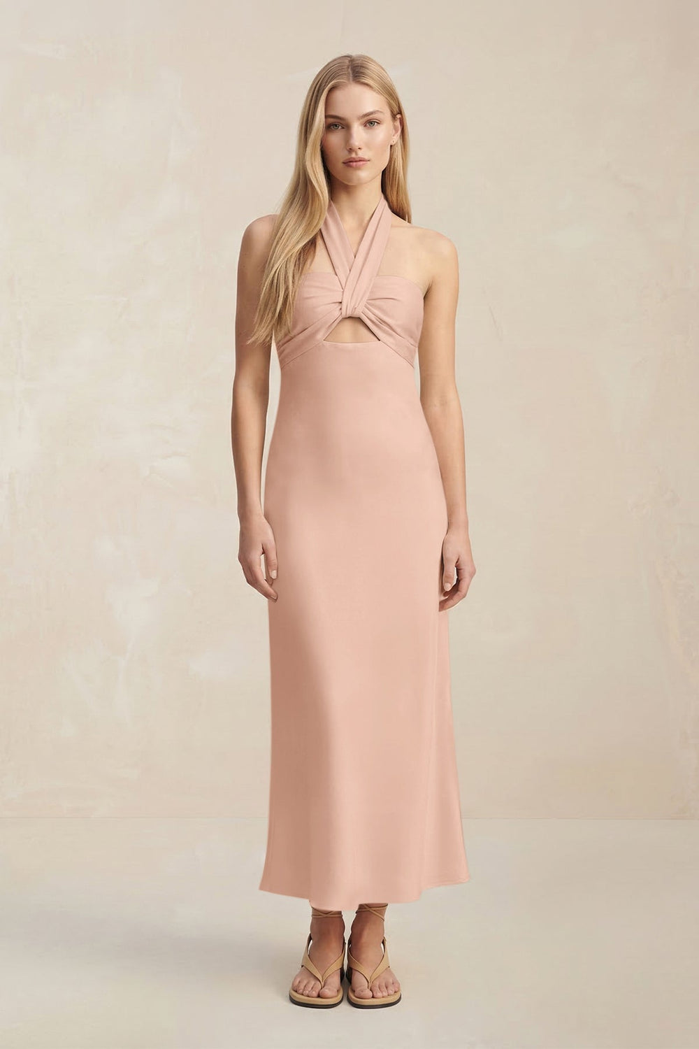 Halter Keyhole Sheath Midi Bridesmaid Dress in Champagne Rose