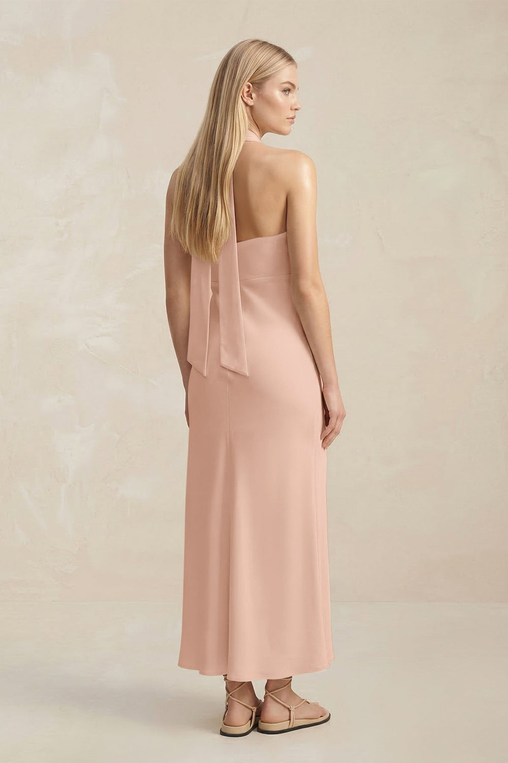 Halter Keyhole Sheath Midi Bridesmaid Dress in Champagne Rose