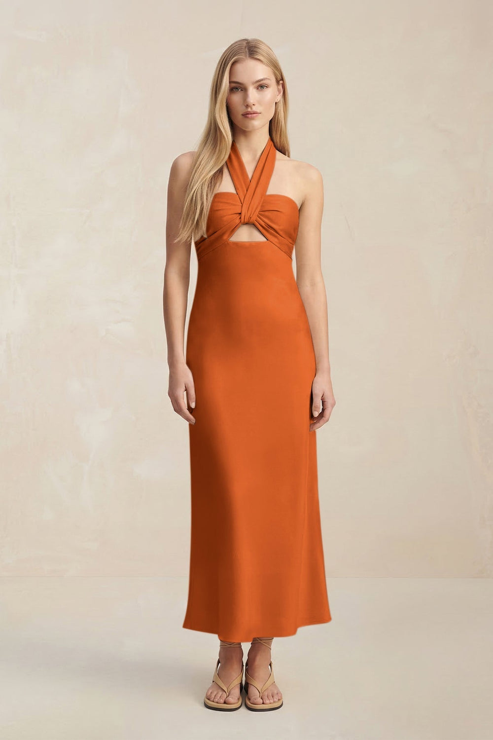 Halter Keyhole Sheath Midi Bridesmaid Dress in Cinnamon