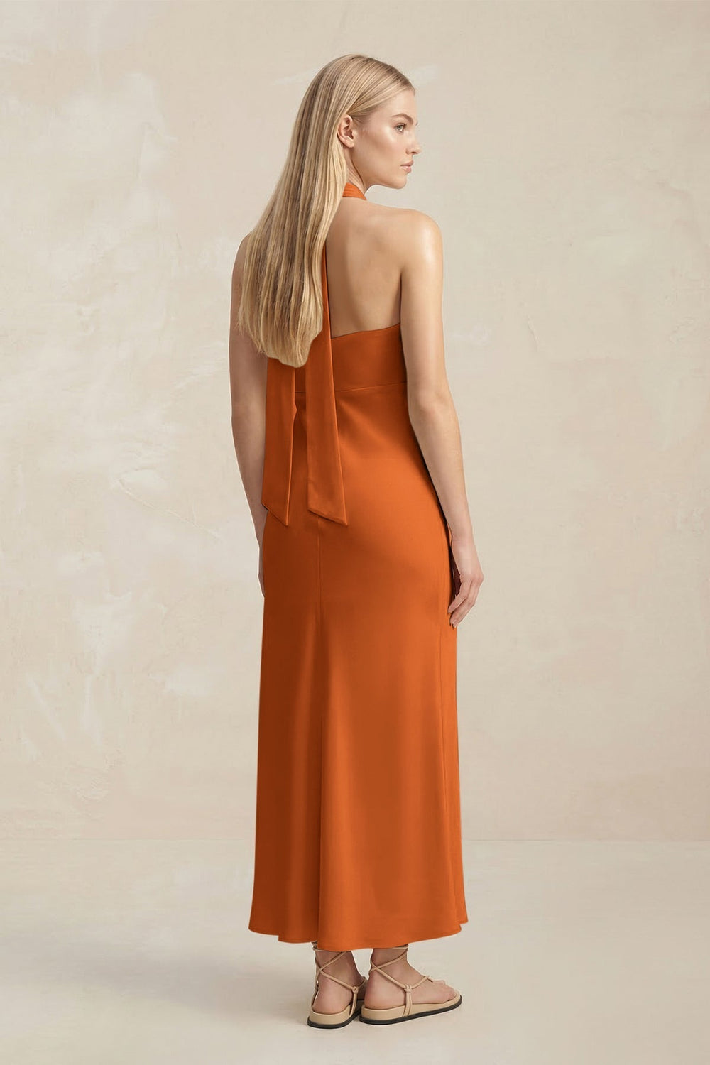 Halter Keyhole Sheath Midi Bridesmaid Dress in Cinnamon