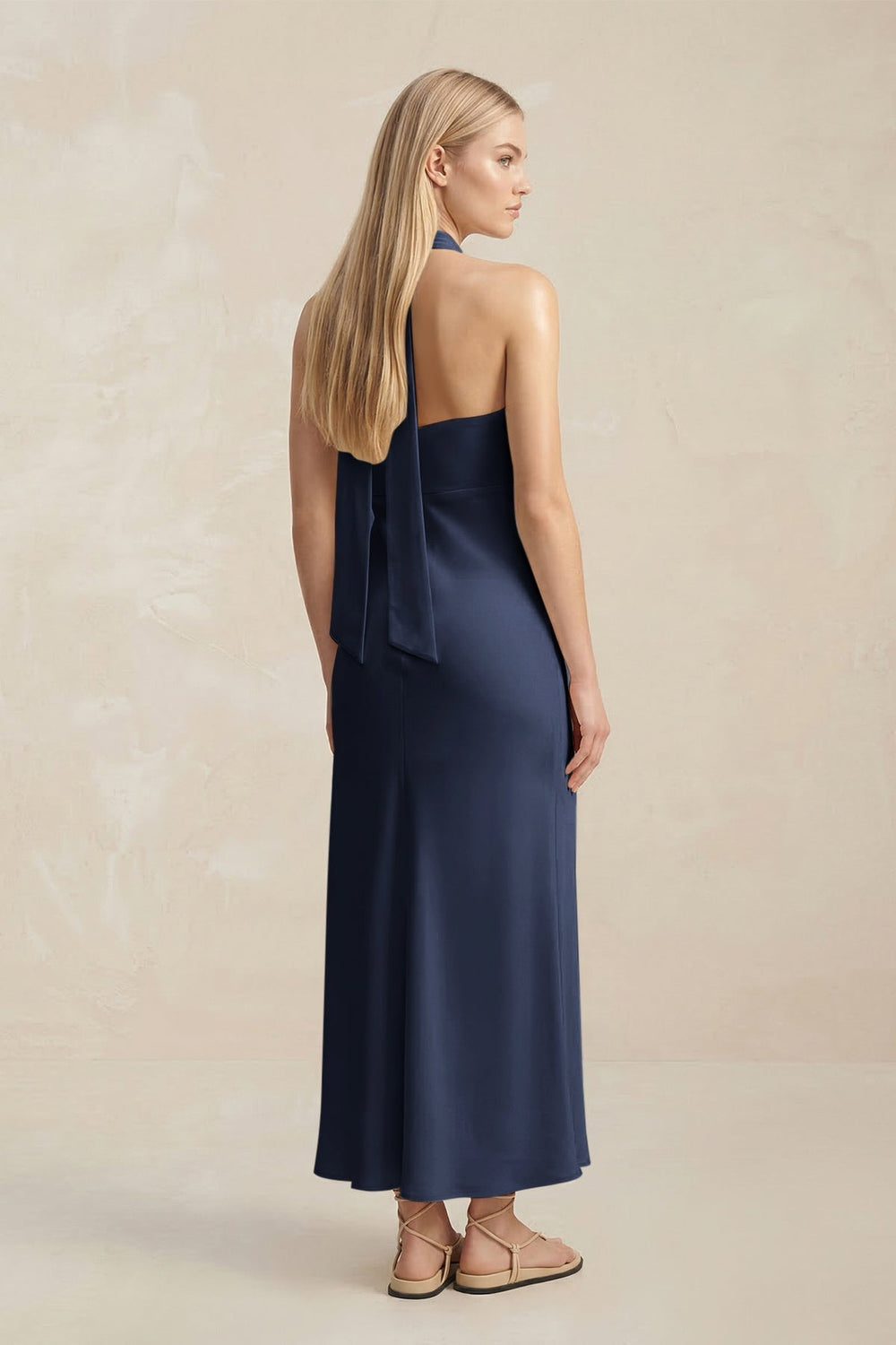 Halter Keyhole Sheath Midi Bridesmaid Dress in Dark Navy