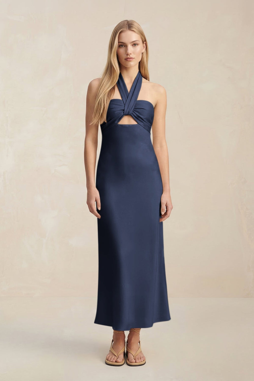 Halter Keyhole Sheath Midi Bridesmaid Dress in Dark Navy