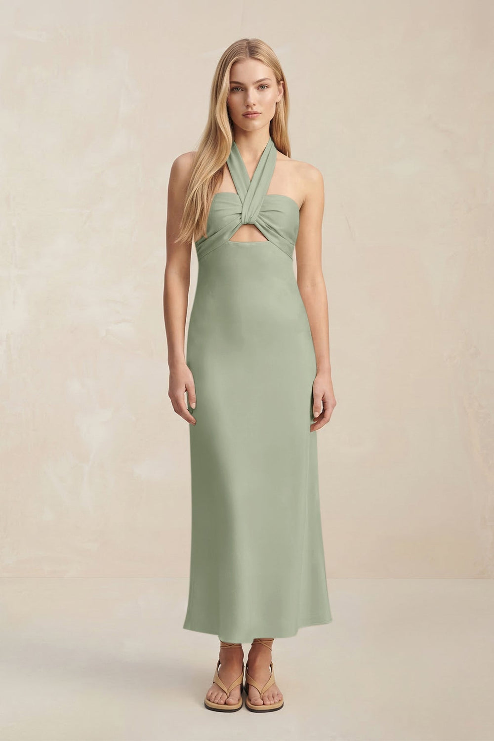 Halter Keyhole Sheath Midi Bridesmaid Dress in Dove Gray