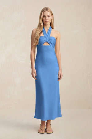 Halter Keyhole Sheath Midi Bridesmaid Dress in Dusty Blue - KISS BRIDAL Bridesmaid Dresses