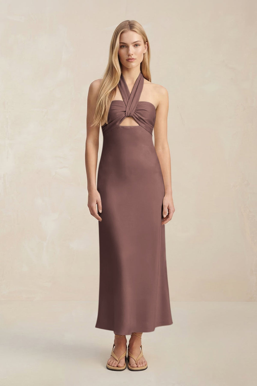 Halter Keyhole Sheath Midi Bridesmaid Dress in Espresso