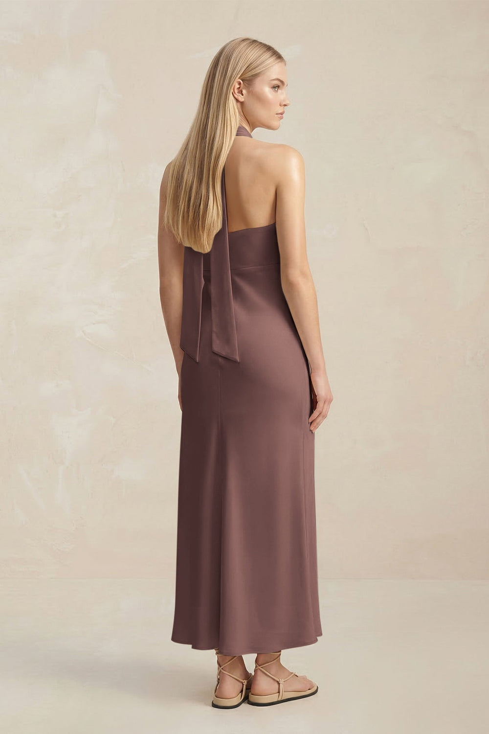 Halter Keyhole Sheath Midi Bridesmaid Dress in Espresso