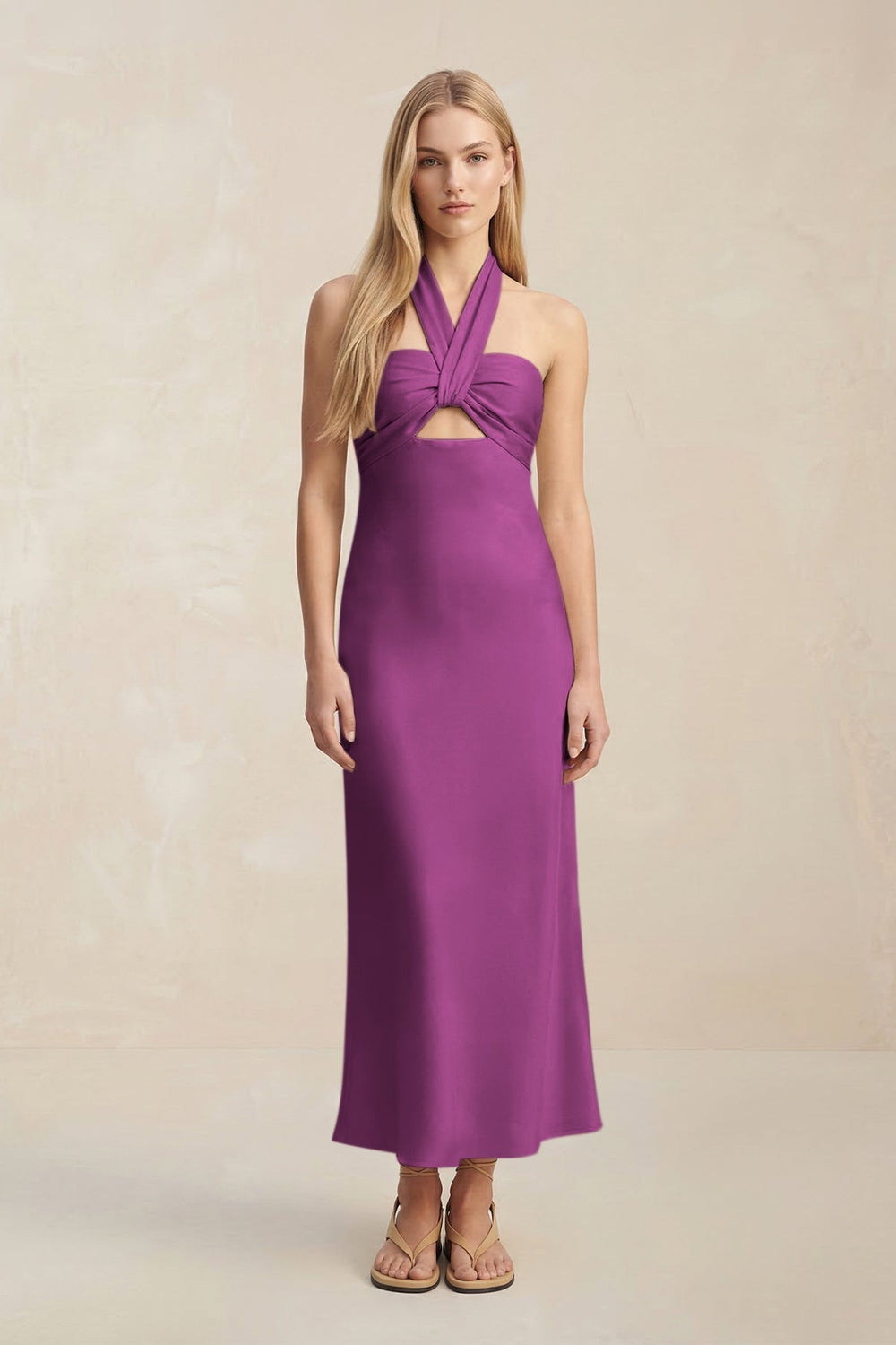 Halter Keyhole Sheath Midi Bridesmaid Dress in Fig