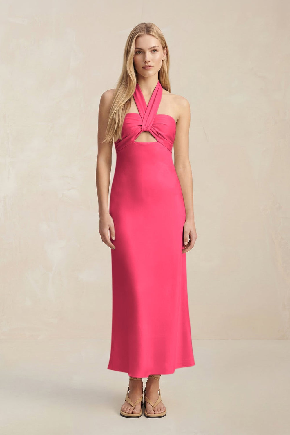 Halter Keyhole Sheath Midi Bridesmaid Dress in Fuchsia
