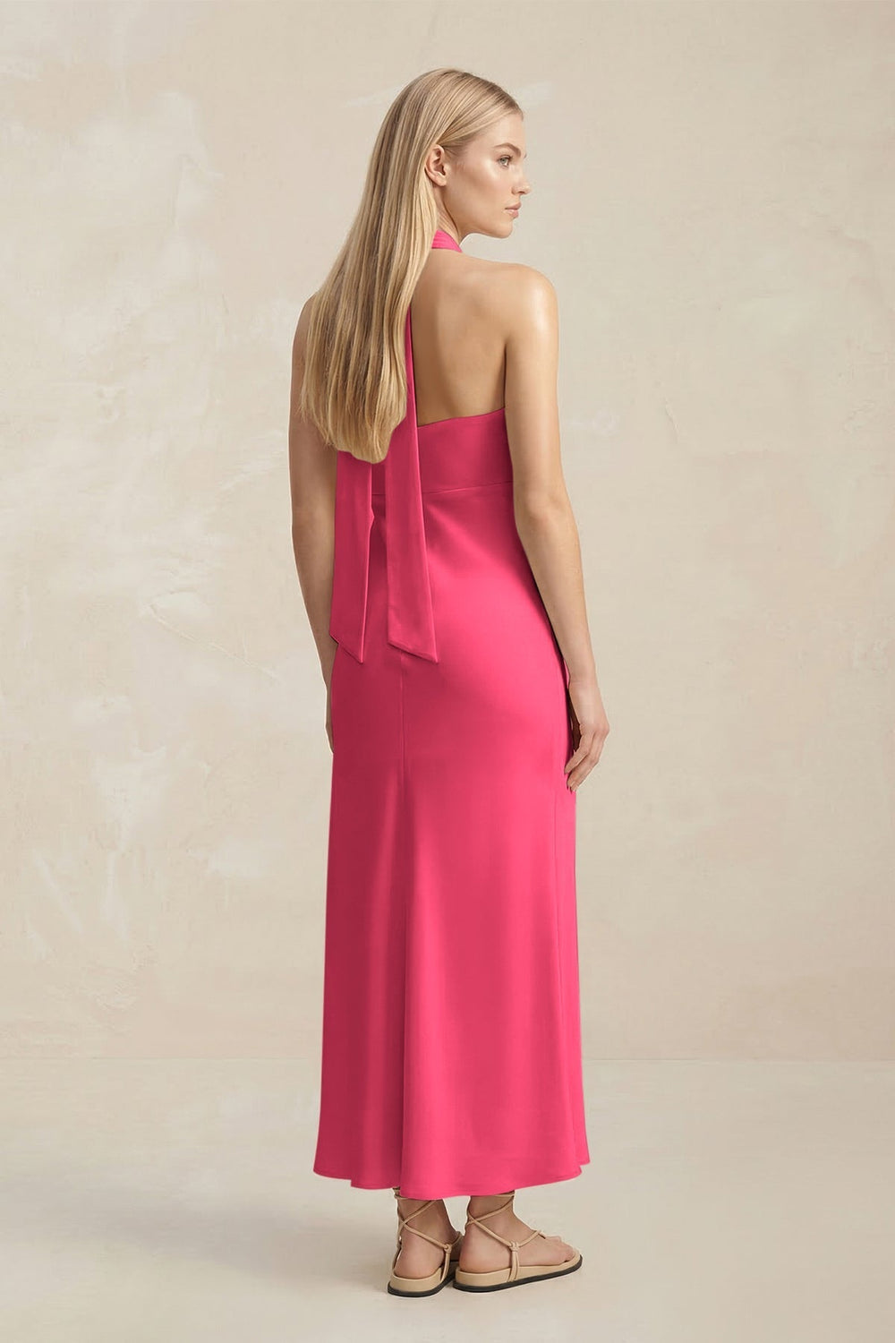 Halter Keyhole Sheath Midi Bridesmaid Dress in Fuchsia