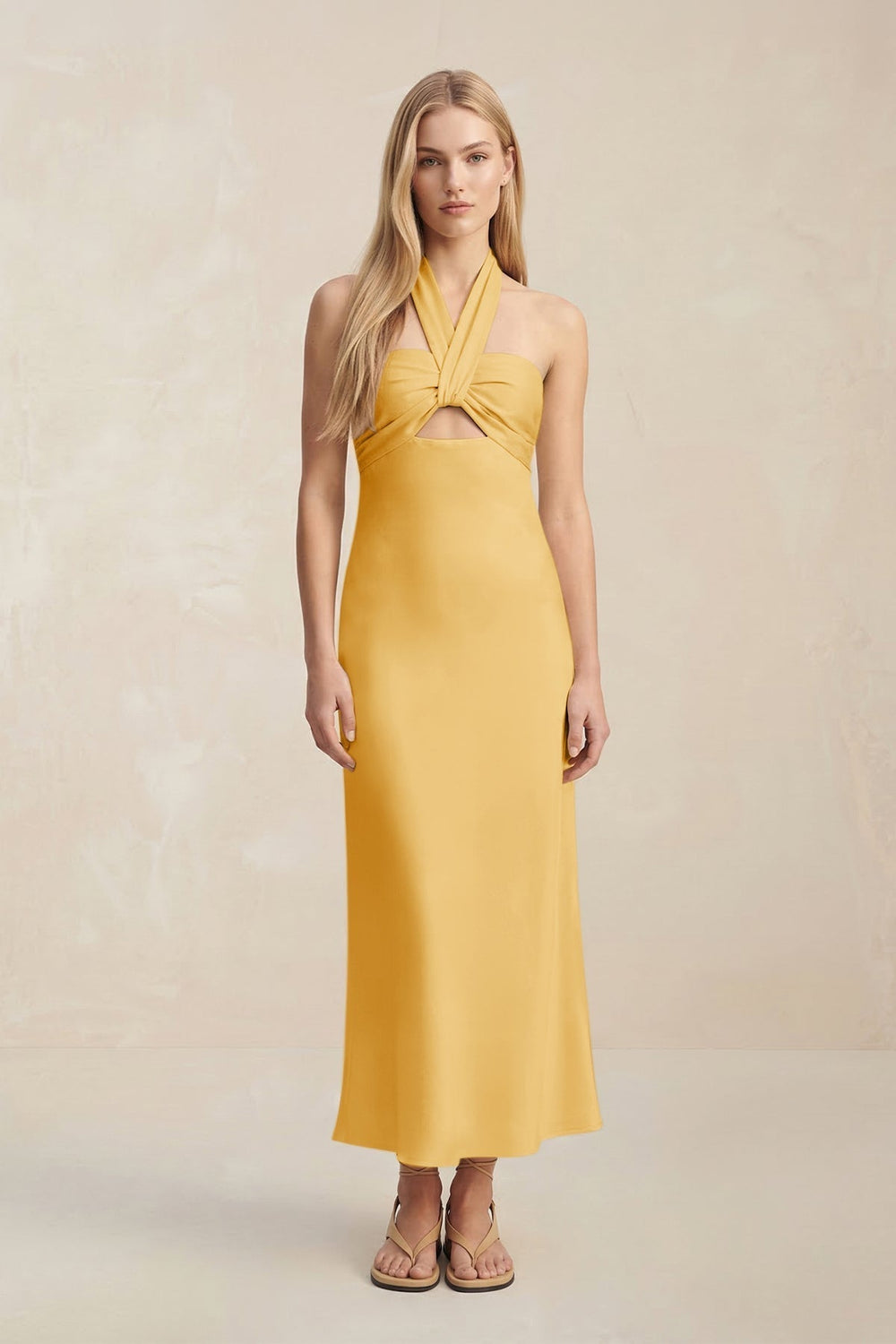 Halter Keyhole Sheath Midi Bridesmaid Dress in Gold