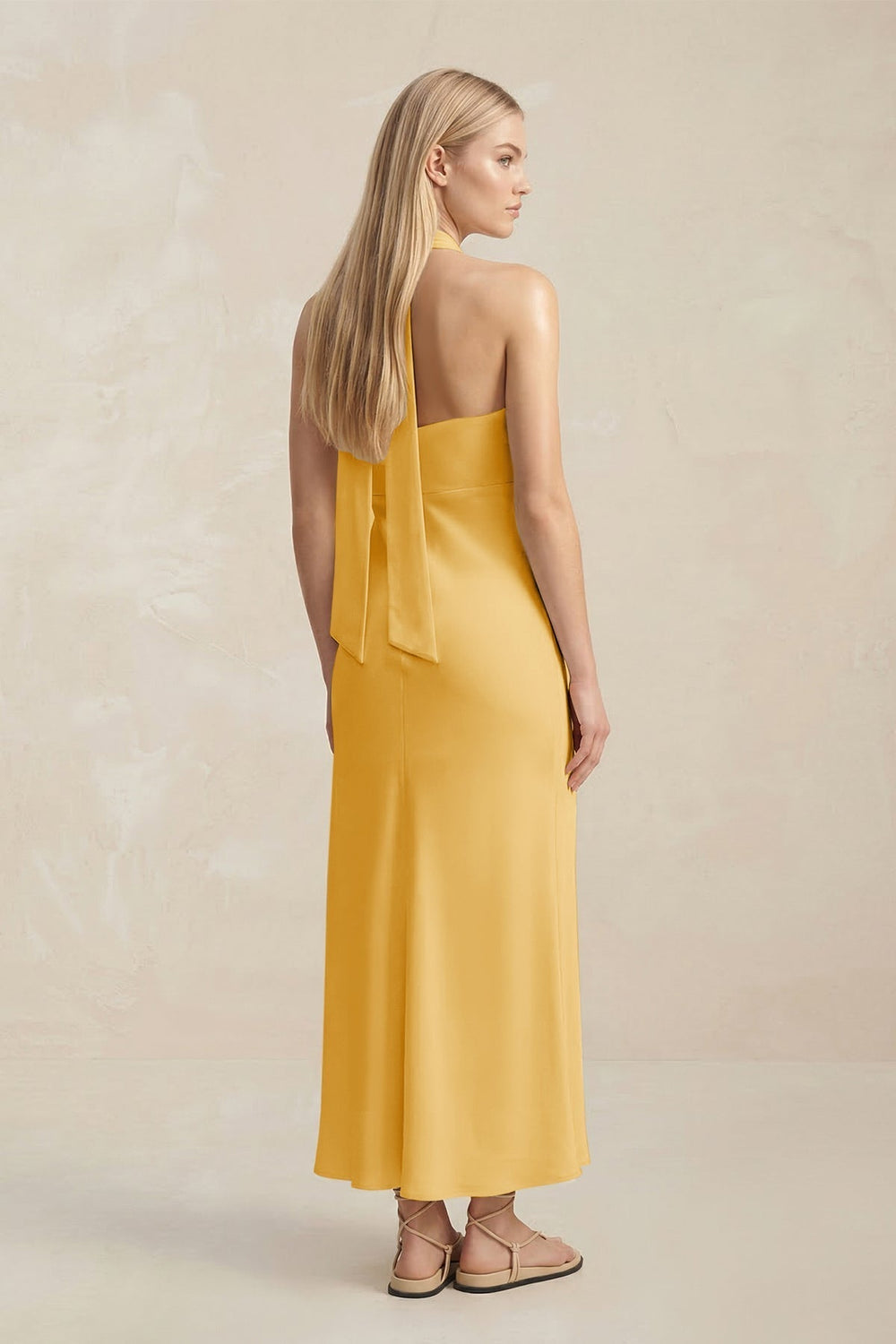 Halter Keyhole Sheath Midi Bridesmaid Dress in Gold