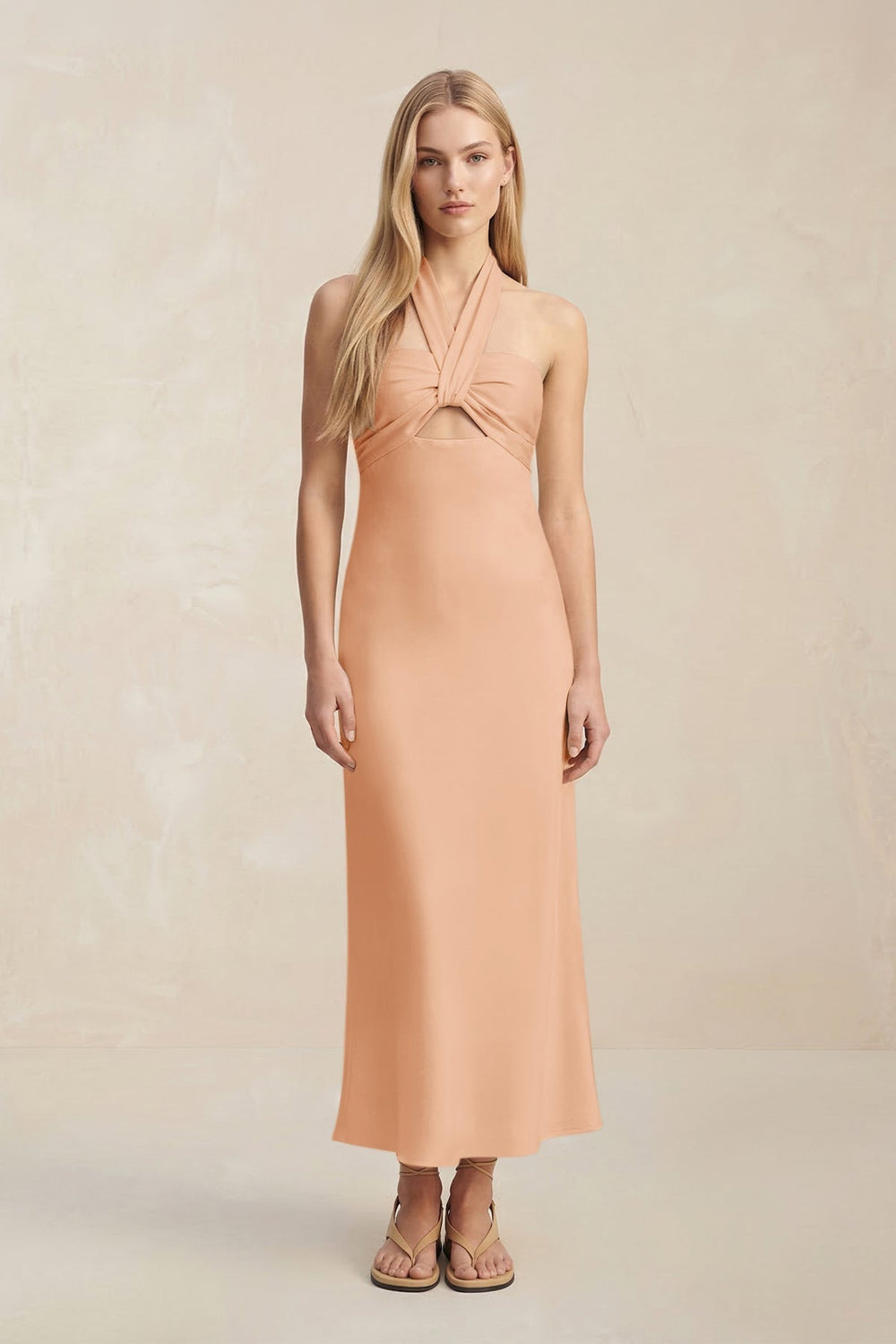 Halter Keyhole Sheath Midi Bridesmaid Dress in Golden Champagne