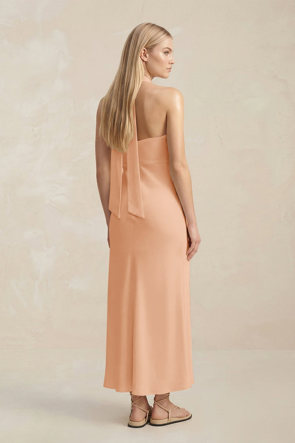 Halter Keyhole Sheath Midi Bridesmaid Dress in Golden Champagne