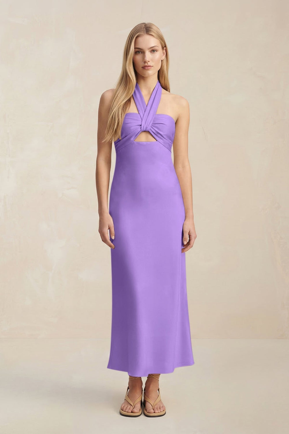 Halter Keyhole Sheath Midi Bridesmaid Dress in Lilac