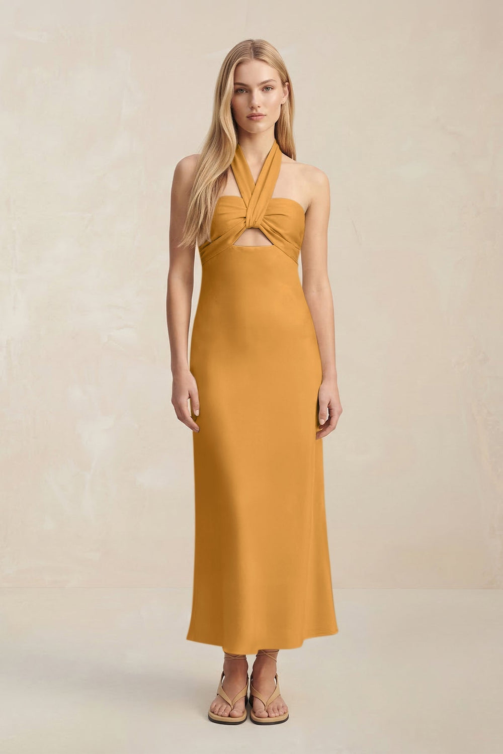 Halter Keyhole Sheath Midi Bridesmaid Dress in Marigold