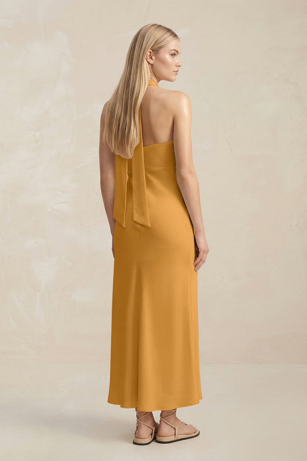 Halter Keyhole Sheath Midi Bridesmaid Dress in Marigold