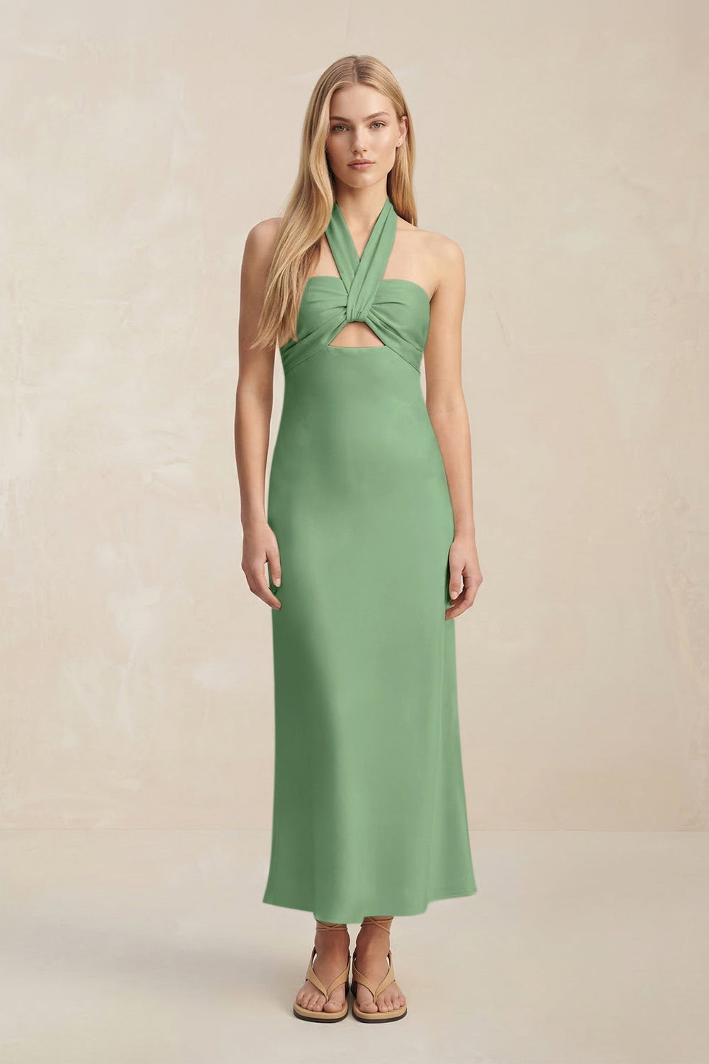 Halter Keyhole Sheath Midi Bridesmaid Dress in Matcha
