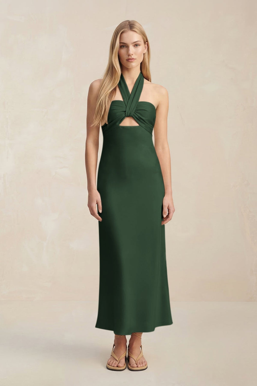 Halter Keyhole Sheath Midi Bridesmaid Dress in Moss