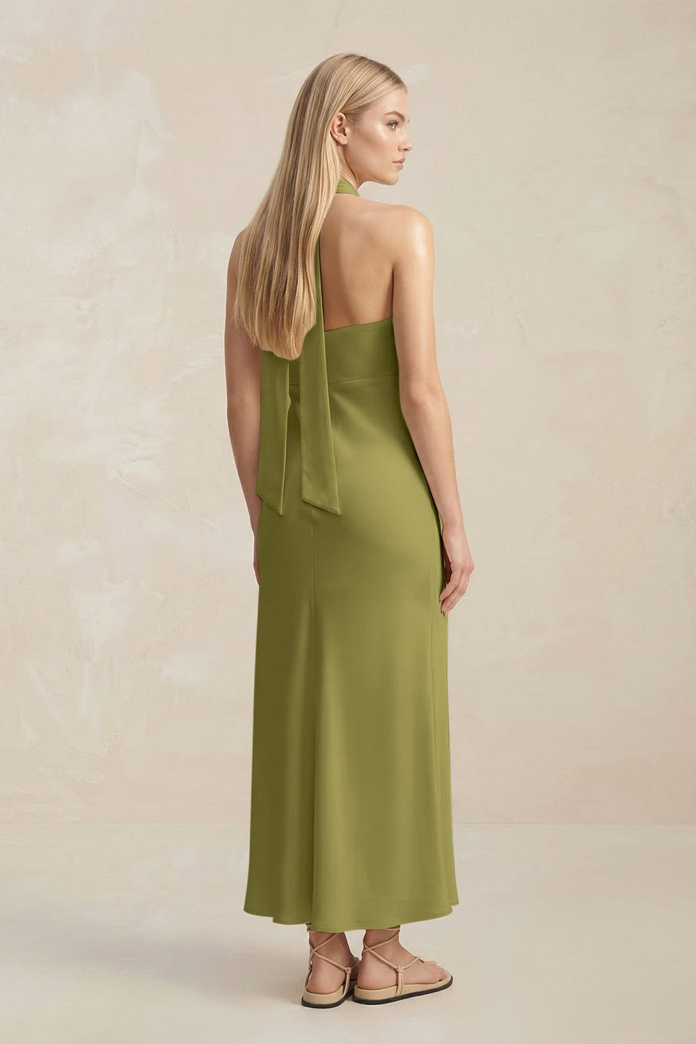 Halter Keyhole Sheath Midi Bridesmaid Dress in Moss Green