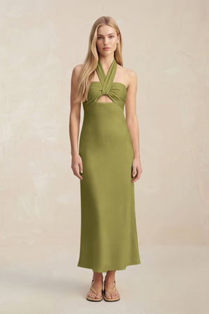 Halter Keyhole Sheath Midi Bridesmaid Dress in Moss Green - KISS BRIDAL Bridesmaid Dresses