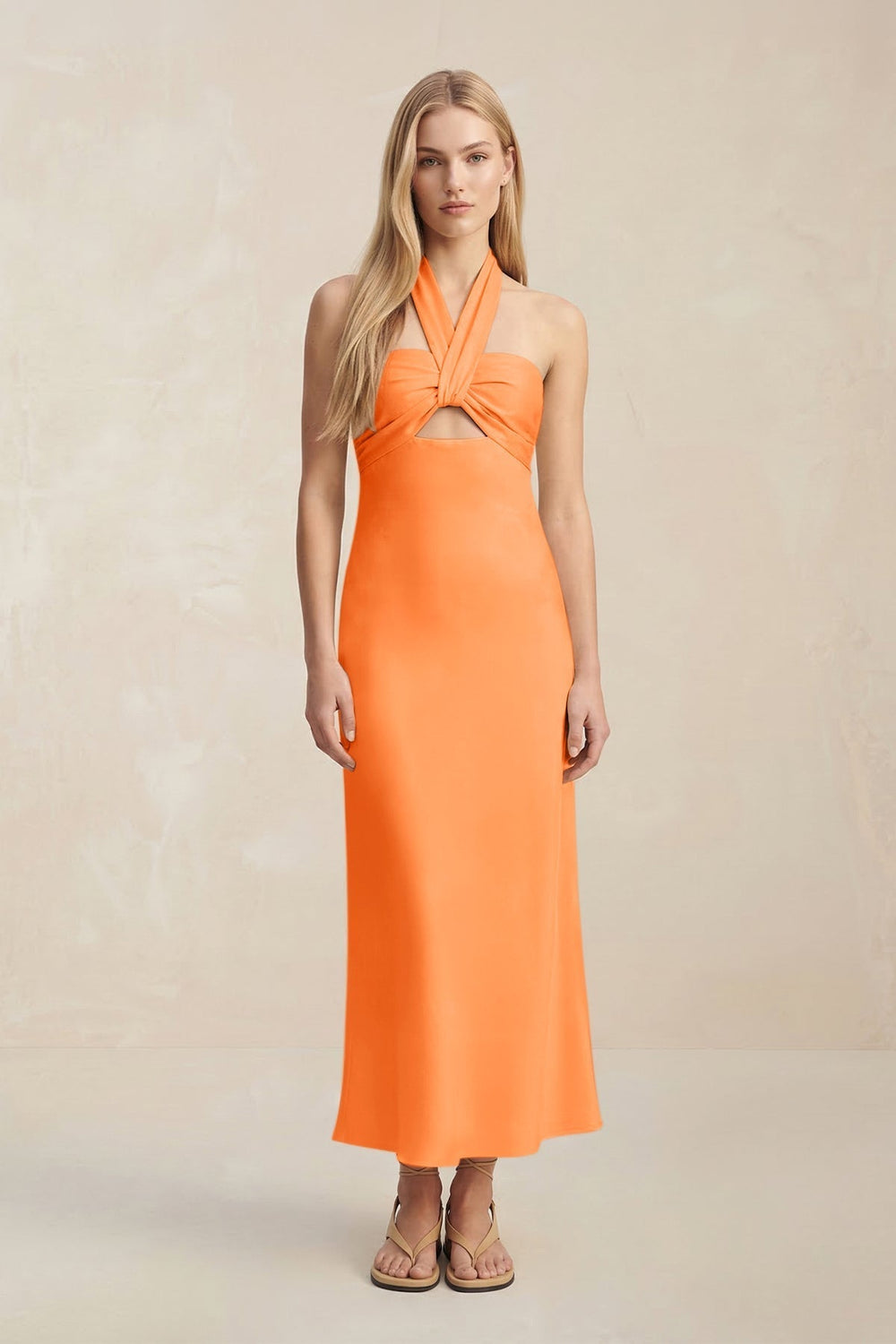 Halter Keyhole Sheath Midi Bridesmaid Dress in Orange