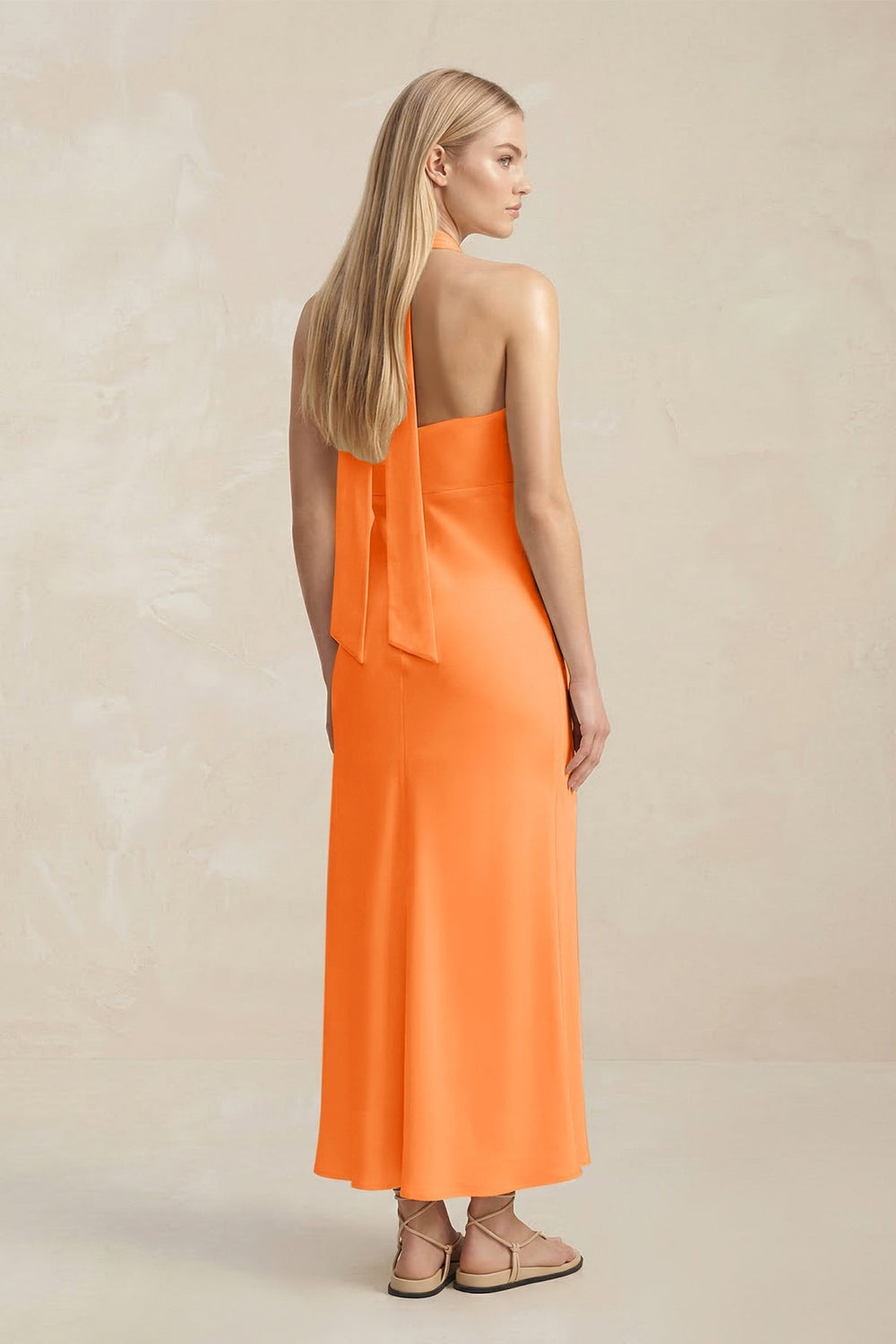 Halter Keyhole Sheath Midi Bridesmaid Dress in Orange