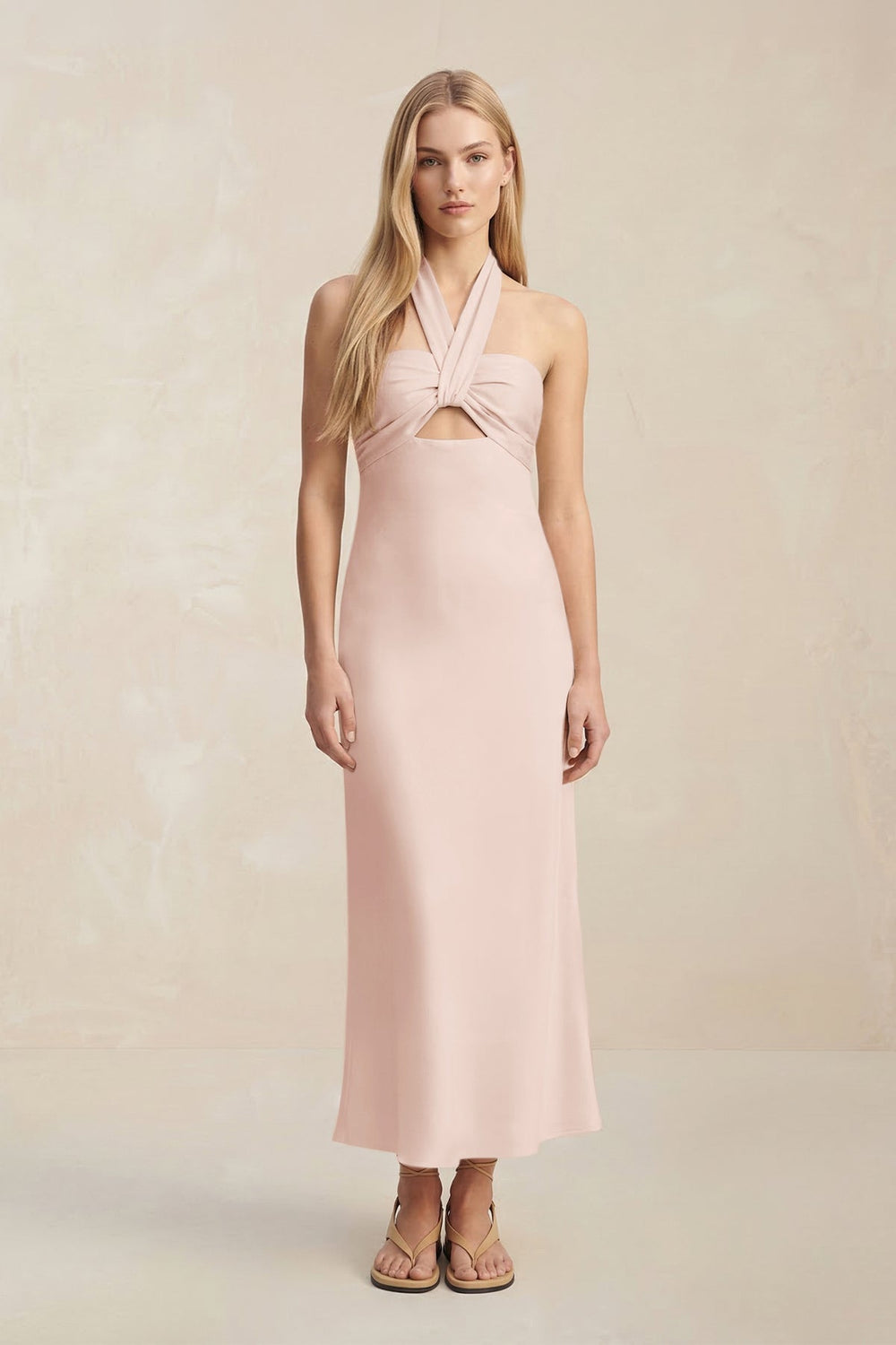 Halter Keyhole Sheath Midi Bridesmaid Dress in Pale Blush