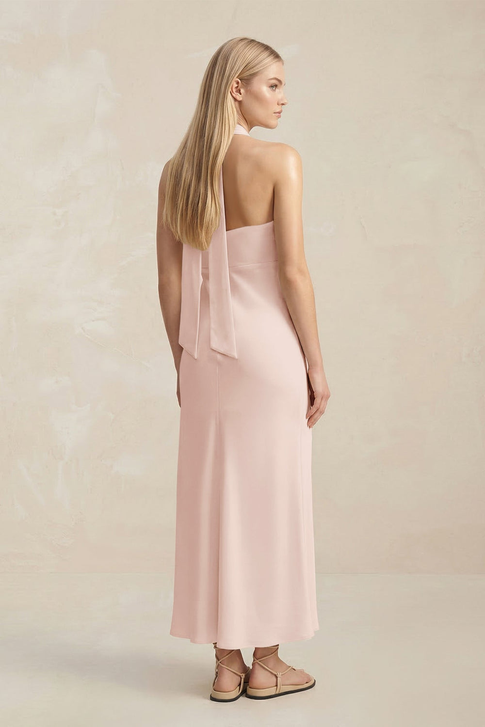 Halter Keyhole Sheath Midi Bridesmaid Dress in Pale Blush