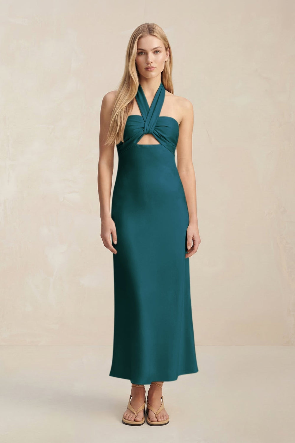 Halter Keyhole Sheath Midi Bridesmaid Dress in Pine