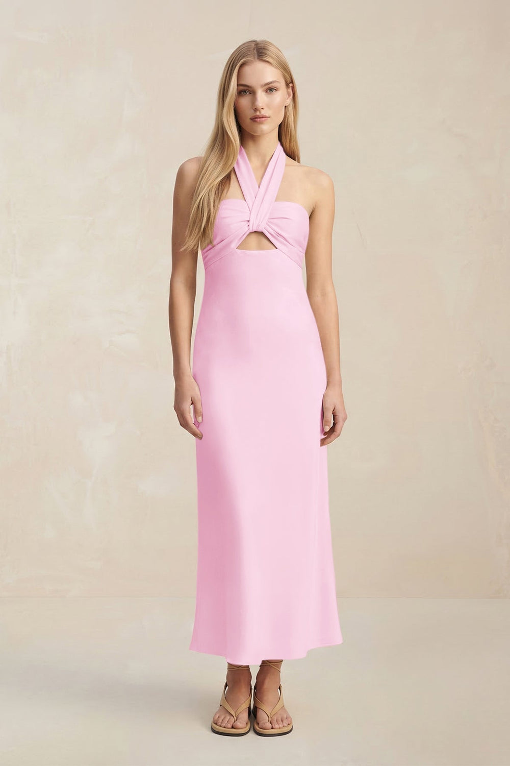 Halter Keyhole Sheath Midi Bridesmaid Dress in Pink