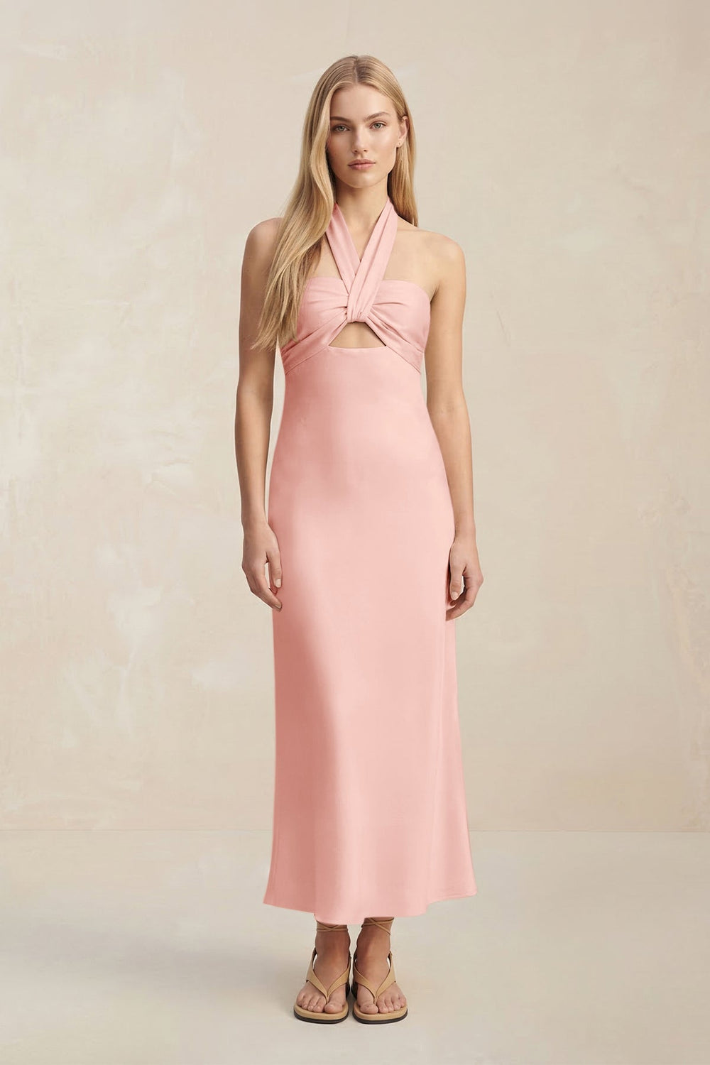 Halter Keyhole Sheath Midi Bridesmaid Dress in Rose Petal