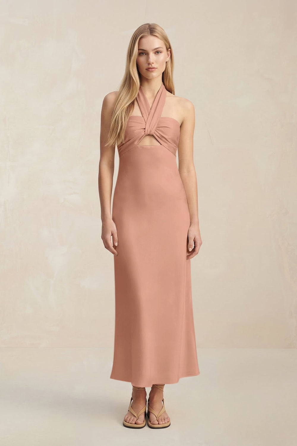 Halter Keyhole Sheath Midi Bridesmaid Dress in Rosette