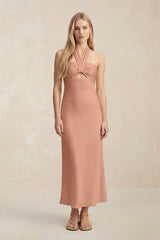 Halter Keyhole Sheath Midi Bridesmaid Dress in Rosette - KISS BRIDAL Bridesmaid Dresses