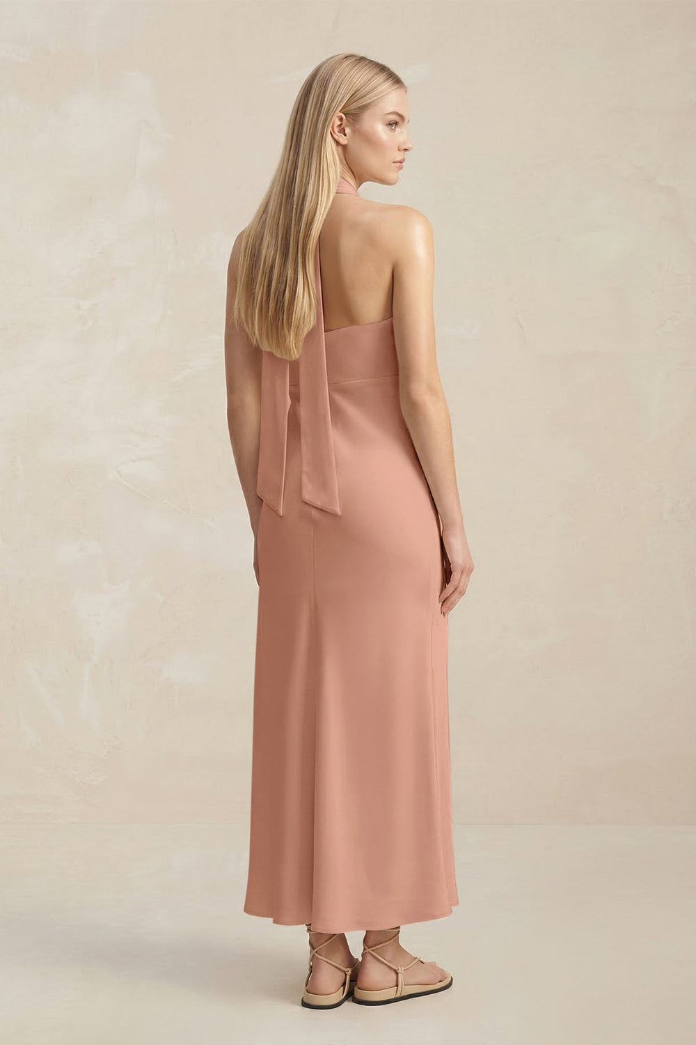 Halter Keyhole Sheath Midi Bridesmaid Dress in Rosette