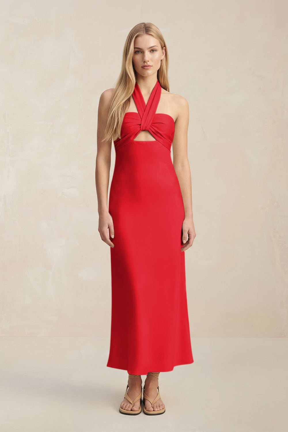 Halter Keyhole Sheath Midi Bridesmaid Dress in Ruby Red