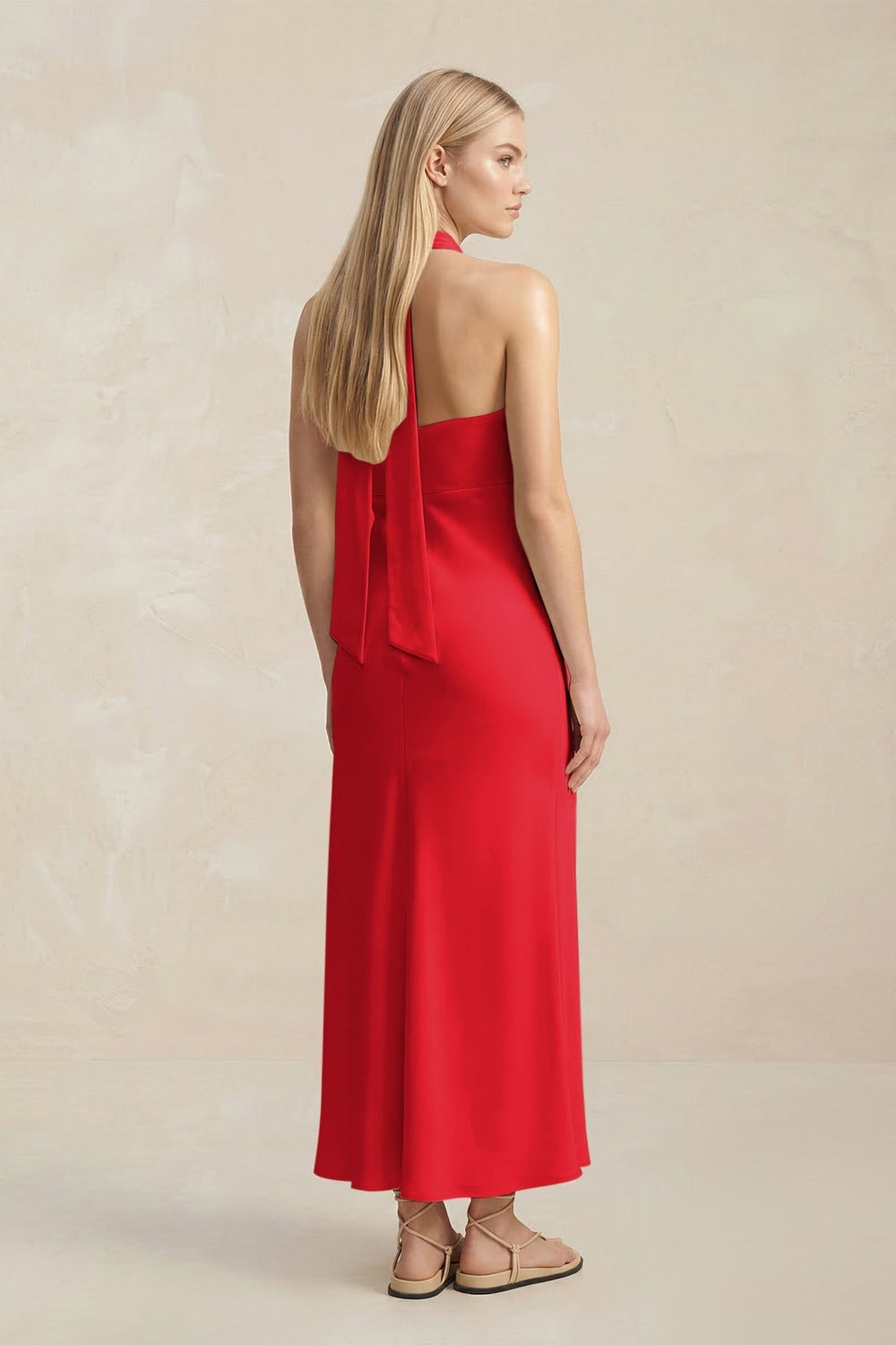 Halter Keyhole Sheath Midi Bridesmaid Dress in Ruby Red