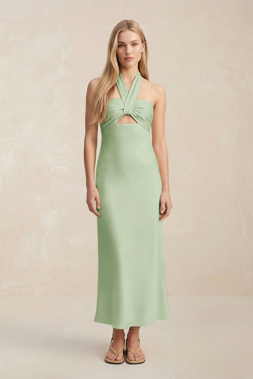 Halter Keyhole Sheath Midi Bridesmaid Dress in Sage